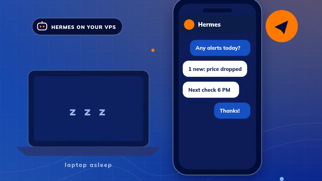 Illustration: a phone showing a chat with Hermes, where you send a quick question and Hermes replies with a scheduled alert, while a sleeping laptop sits in the background with its screen dimmed.