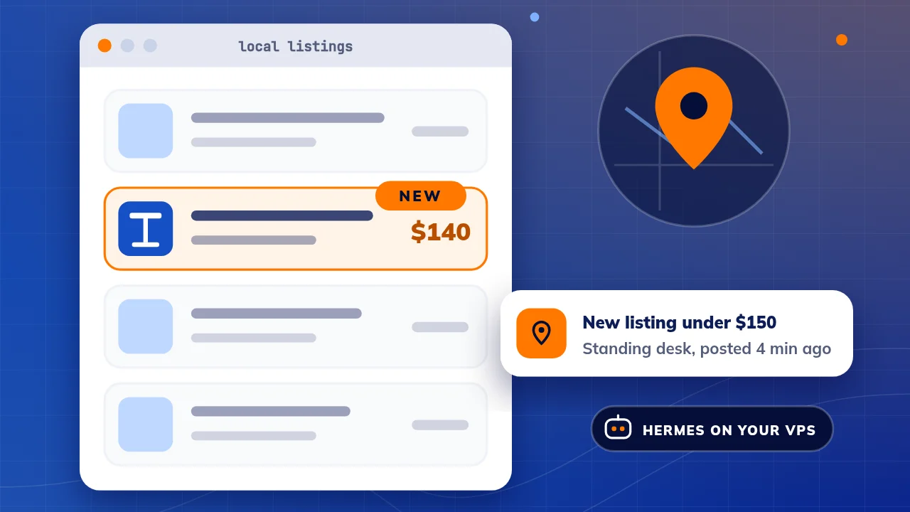 Illustration: a column of local classified listings with one new standing desk listing highlighted at $140, a map pin for the local area, and a Hermes alert for a new listing under $150.