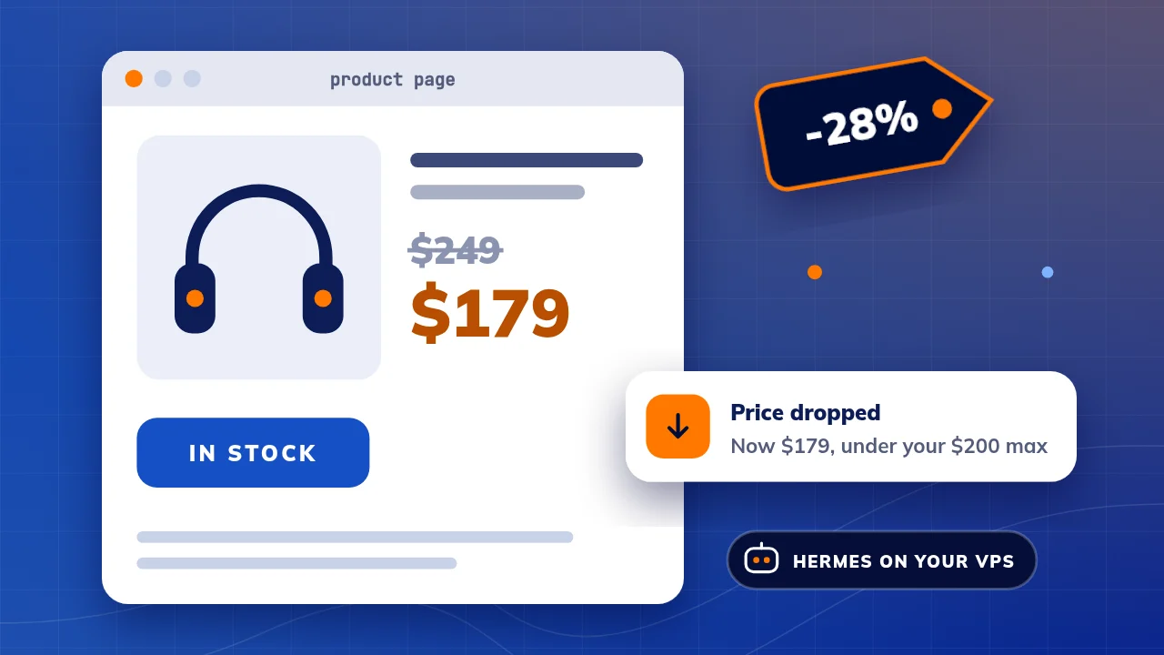 Illustration: a product page for a pair of headphones with the old price crossed out and a lower price in orange, a 28% off tag, and a Hermes alert saying the price dropped under your max.