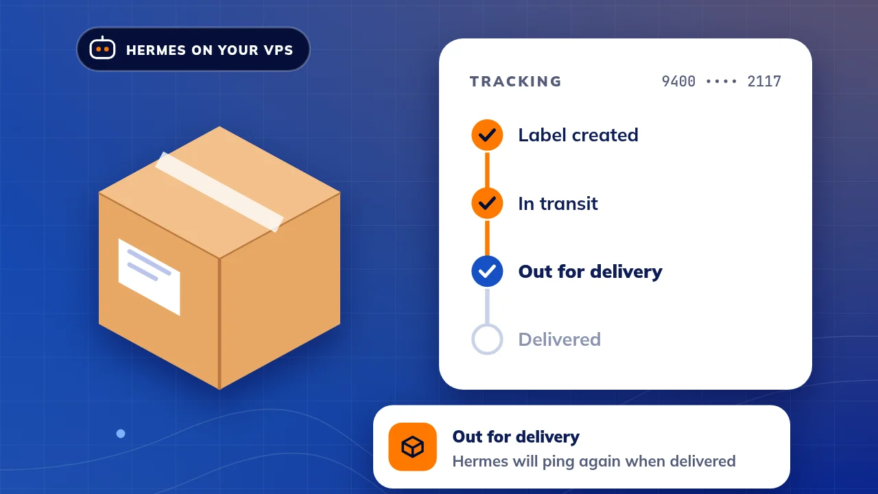 Illustration: a parcel next to a tracking timeline where the package has moved to out for delivery, and a Hermes alert that only arrives for that step and for delivered. Quiet steps stay silent.