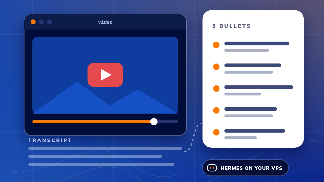 Illustration: a video player with a play button and a long timeline, its transcript lines flowing into a chat reply from Hermes with five short bullet points, so you do not have to rewatch.