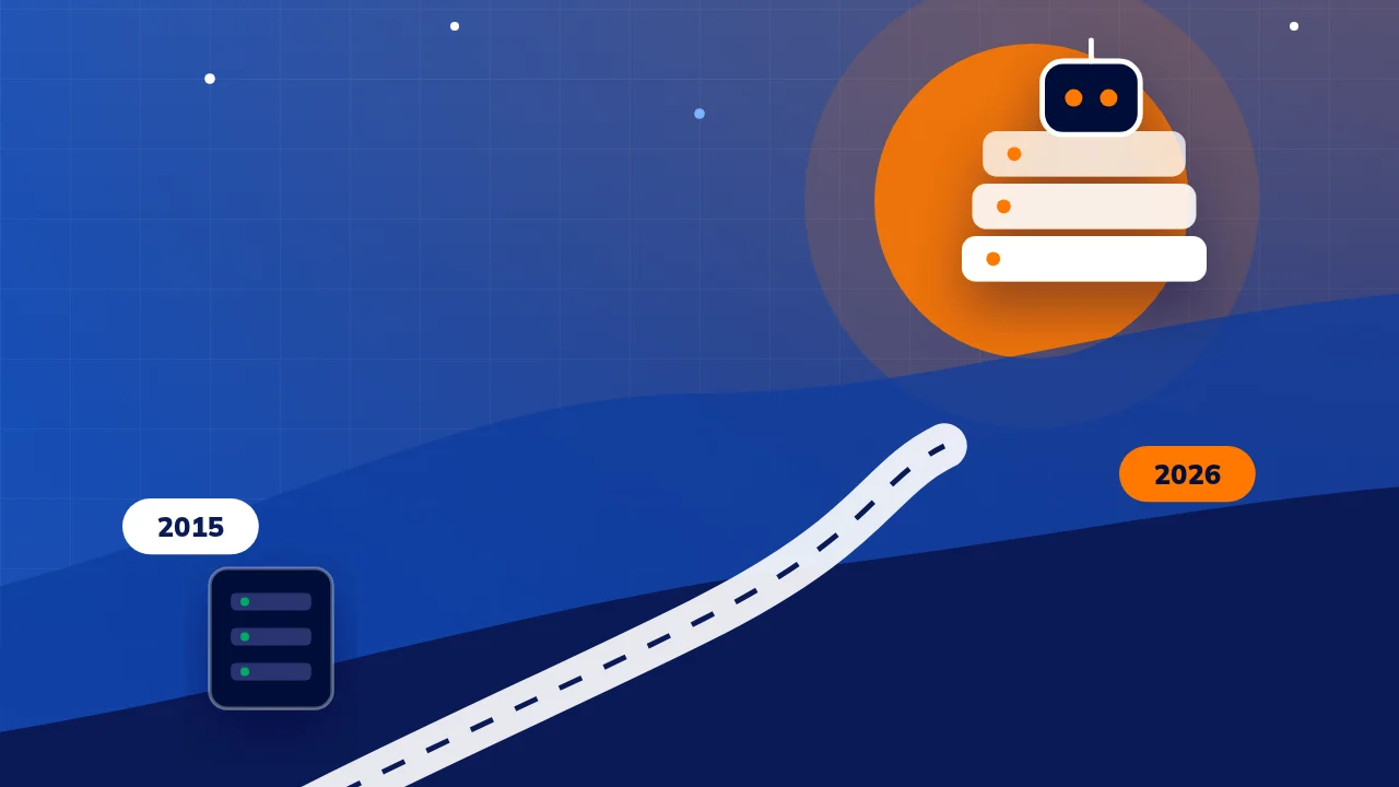 Illustration: a winding road that starts at a small 2015 marker beside a single web server and rises toward a bright 2026 horizon, where an AI agent sits on a stack of cloud servers under an orange sun.
